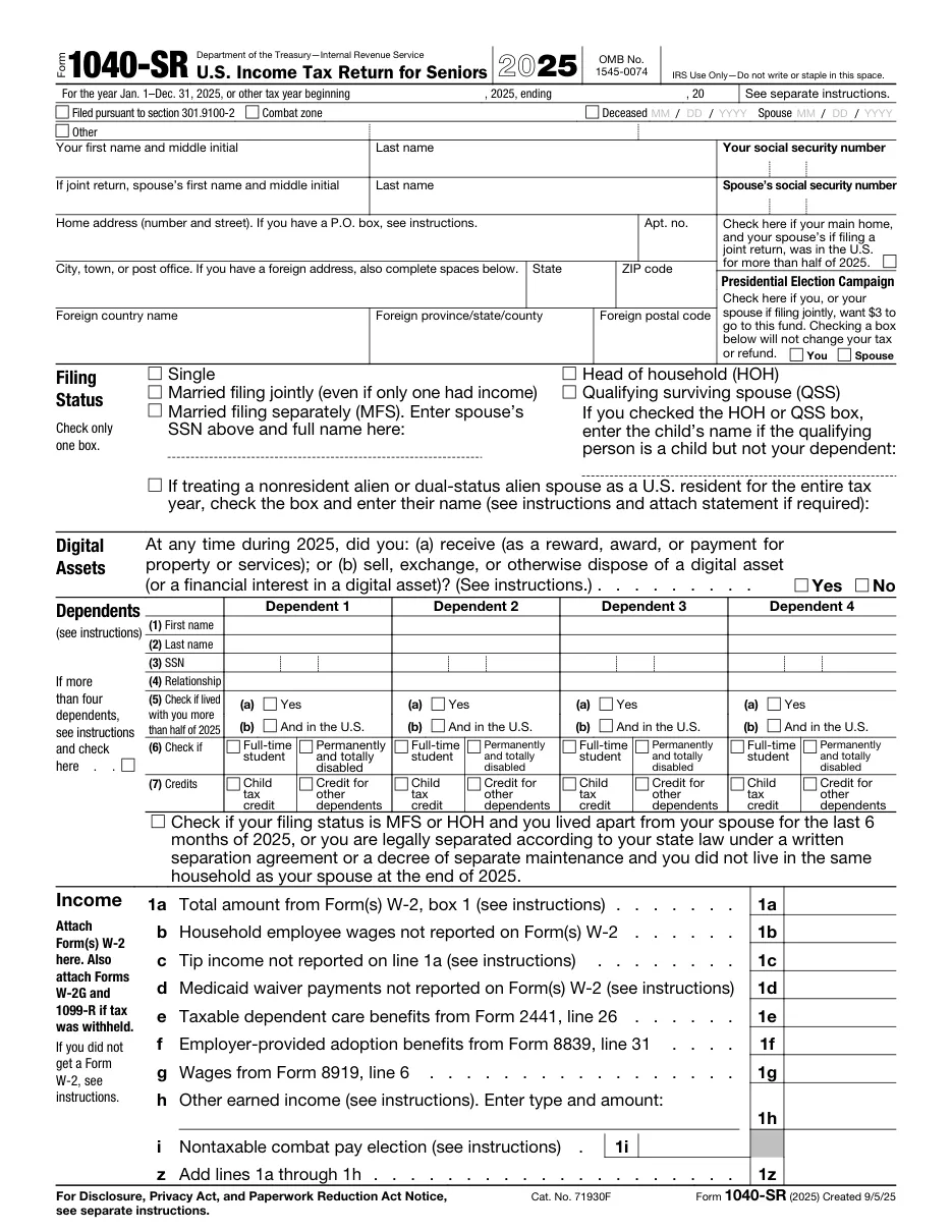 Form 1040-SR: U.S. Tax Return for Seniors