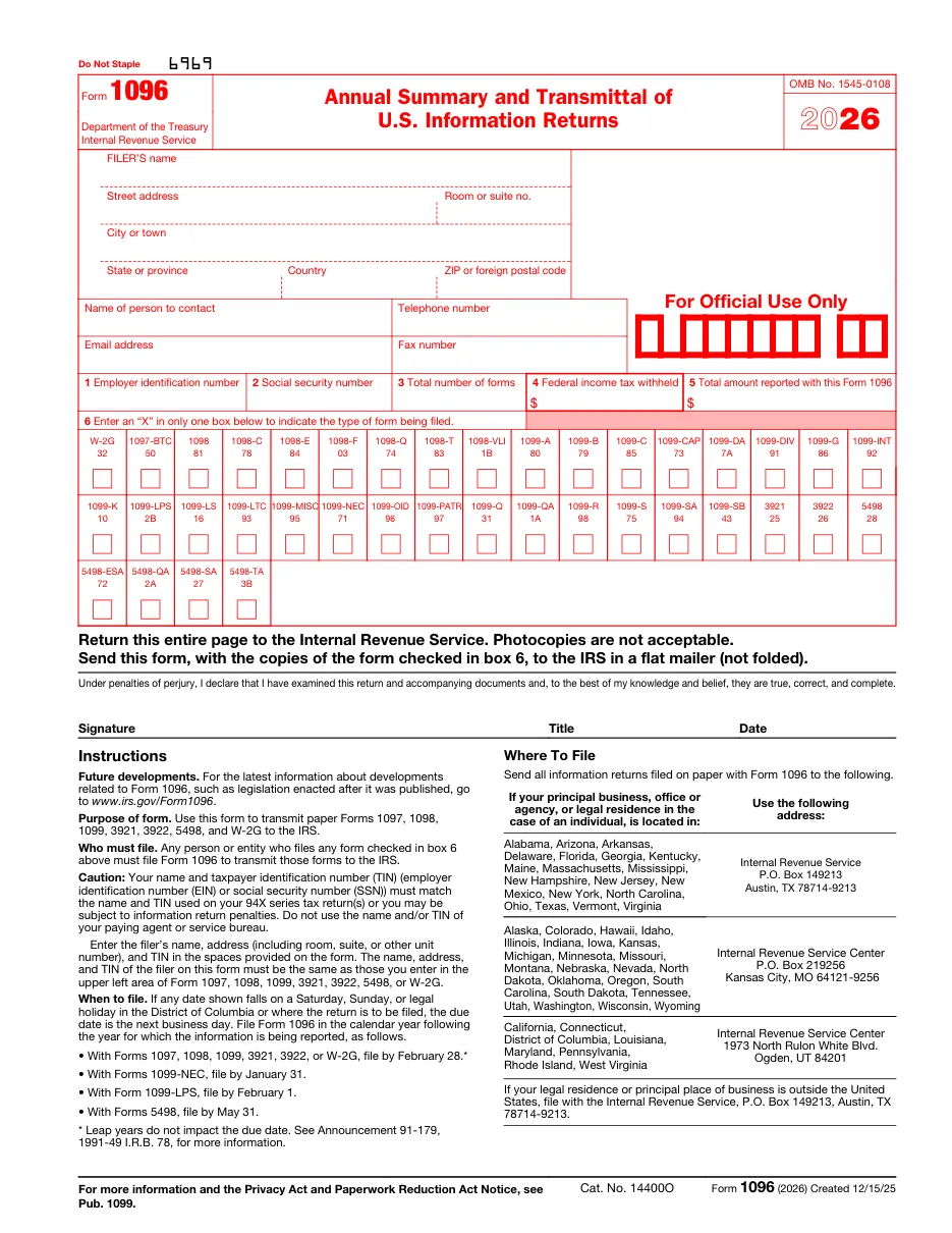 Form 1096: Annual Summary and Transmittal of U.S. Information Returns - Page 1