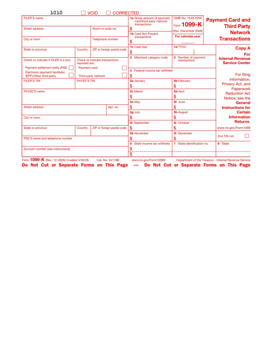 Form 1099-K: Payment Card and Third Party Network Transactions - Page 1