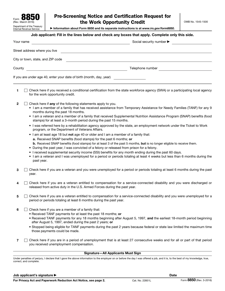 Form 8850: Pre-Screening Notice and Certification Request for the Work Opportunity Credit