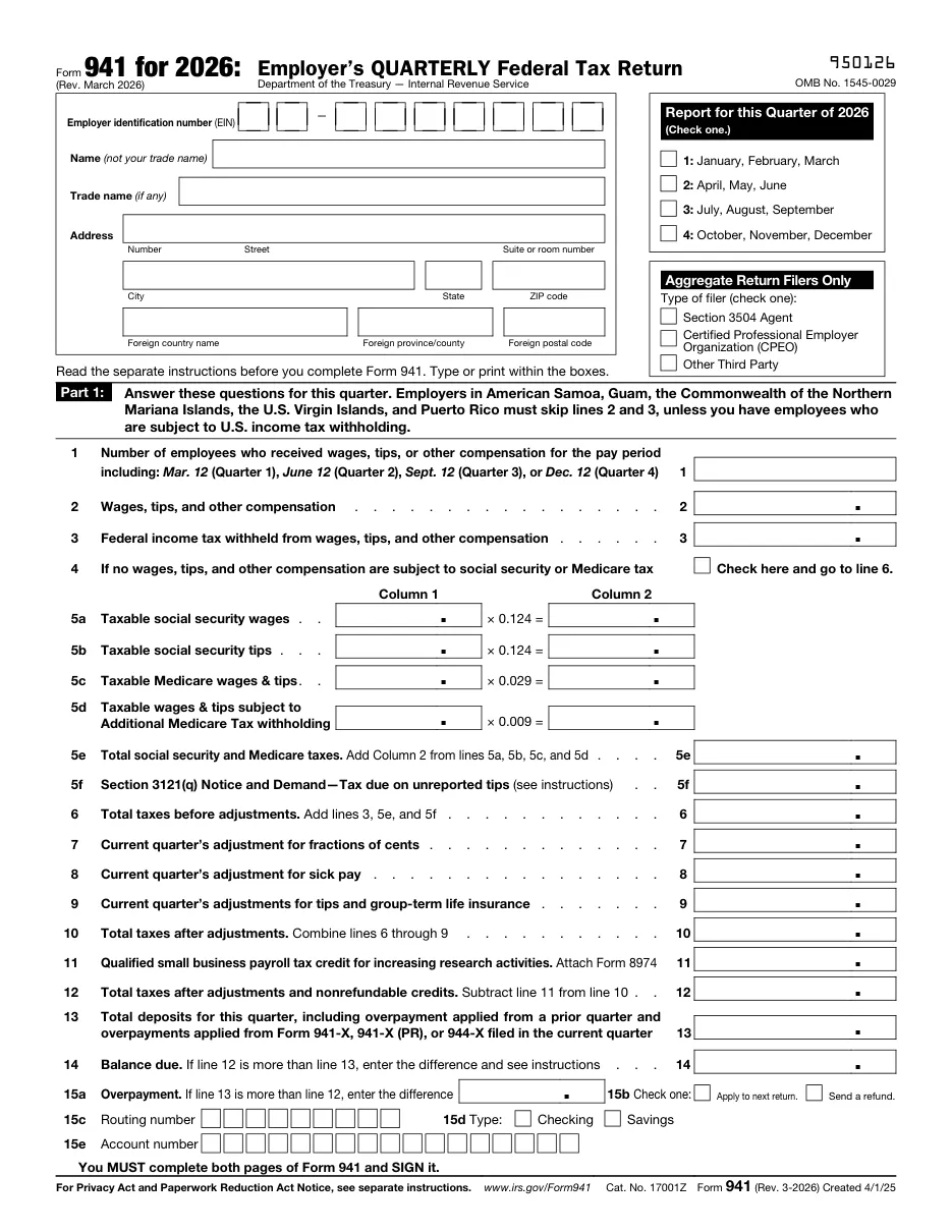 Form 941: Employer's Quarterly Federal Tax Return