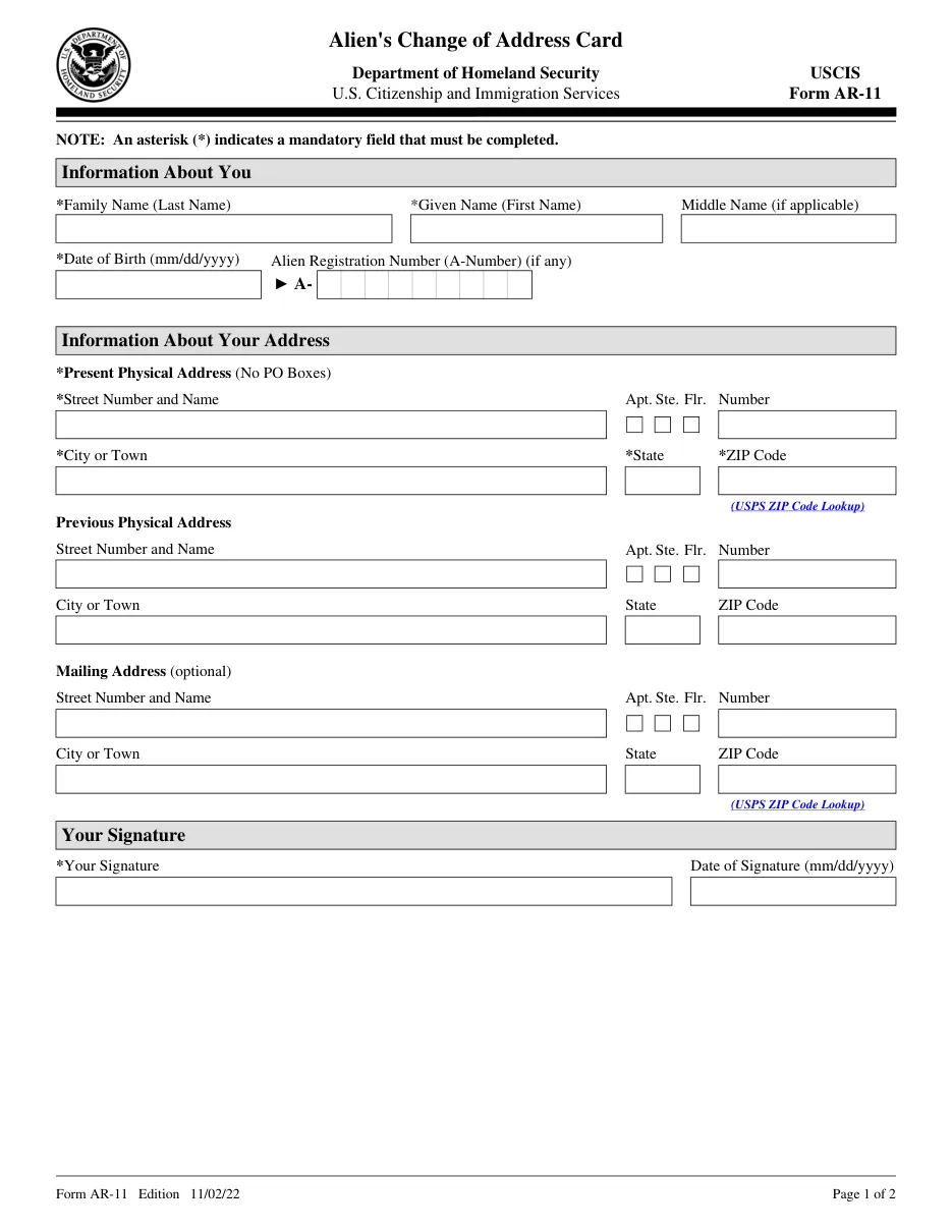 Form AR-11: Alien's Change of Address Card - Page 1