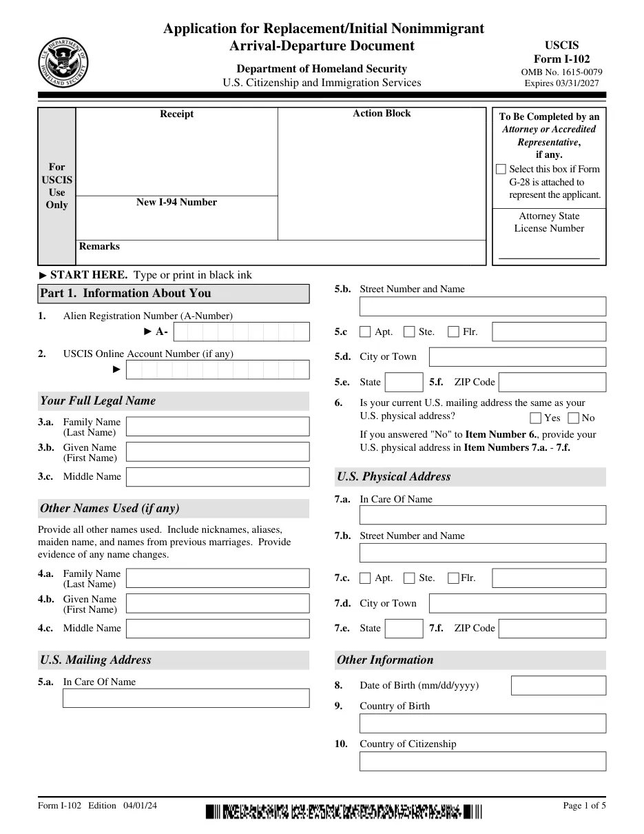 Form I-102: Application for Replacement/Initial Nonimmigrant Arrival-Departure Document - Page 1