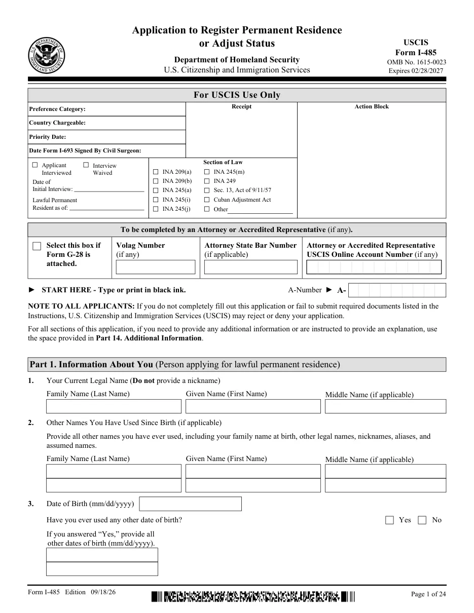 Form I-485: Application to Register Permanent Residence or Adjust Status - Page 1