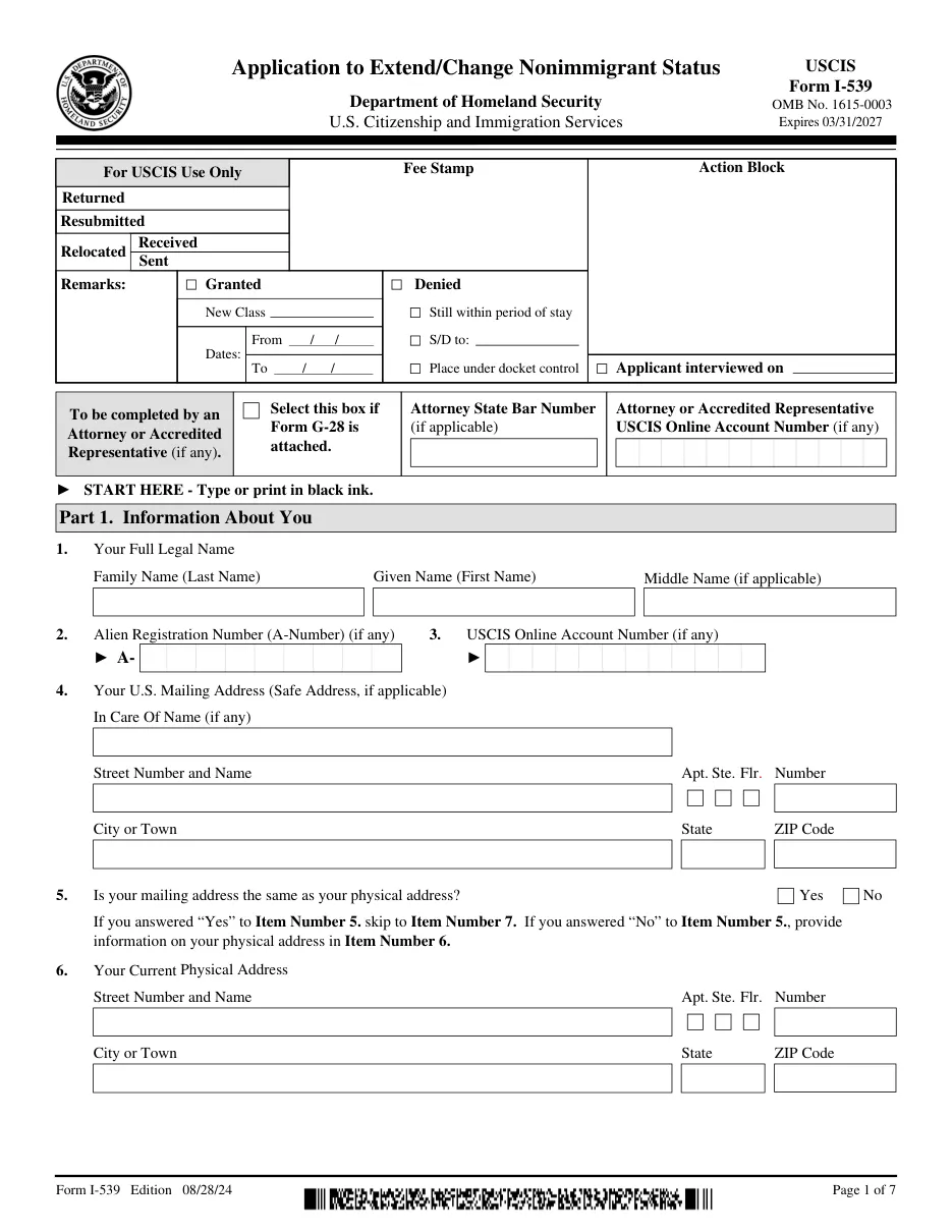 Form I-539: Application to Extend/Change Nonimmigrant Status - Page 1