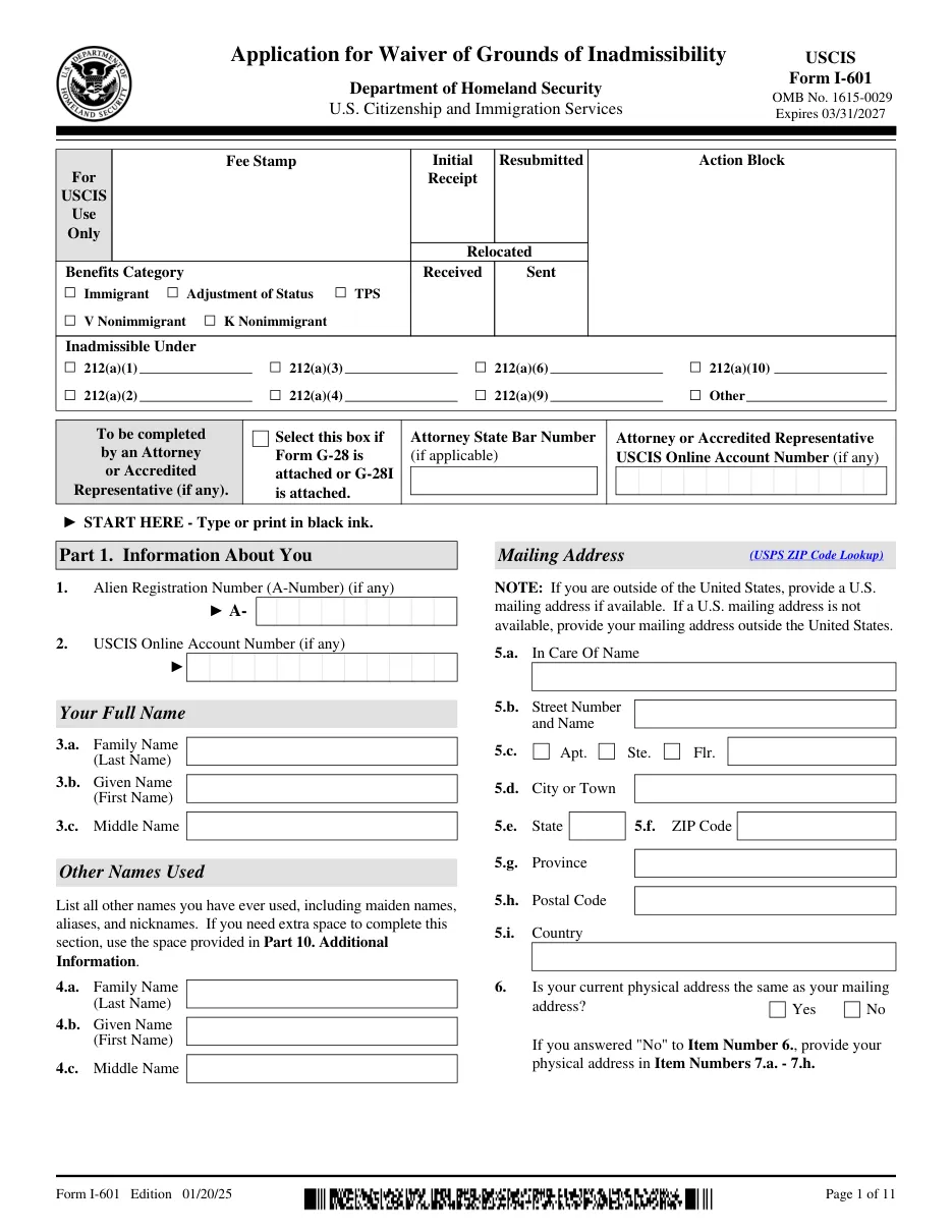 Form I-601: Application for Waiver of Grounds of Inadmissibility - Page 1