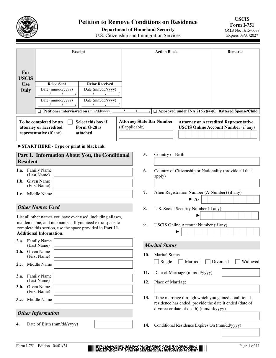 Form I-751: Petition to Remove Conditions on Residence - Page 1