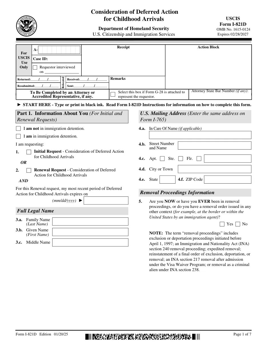 Form I-821D: Consideration of Deferred Action for Childhood Arrivals (DACA) - Page 1