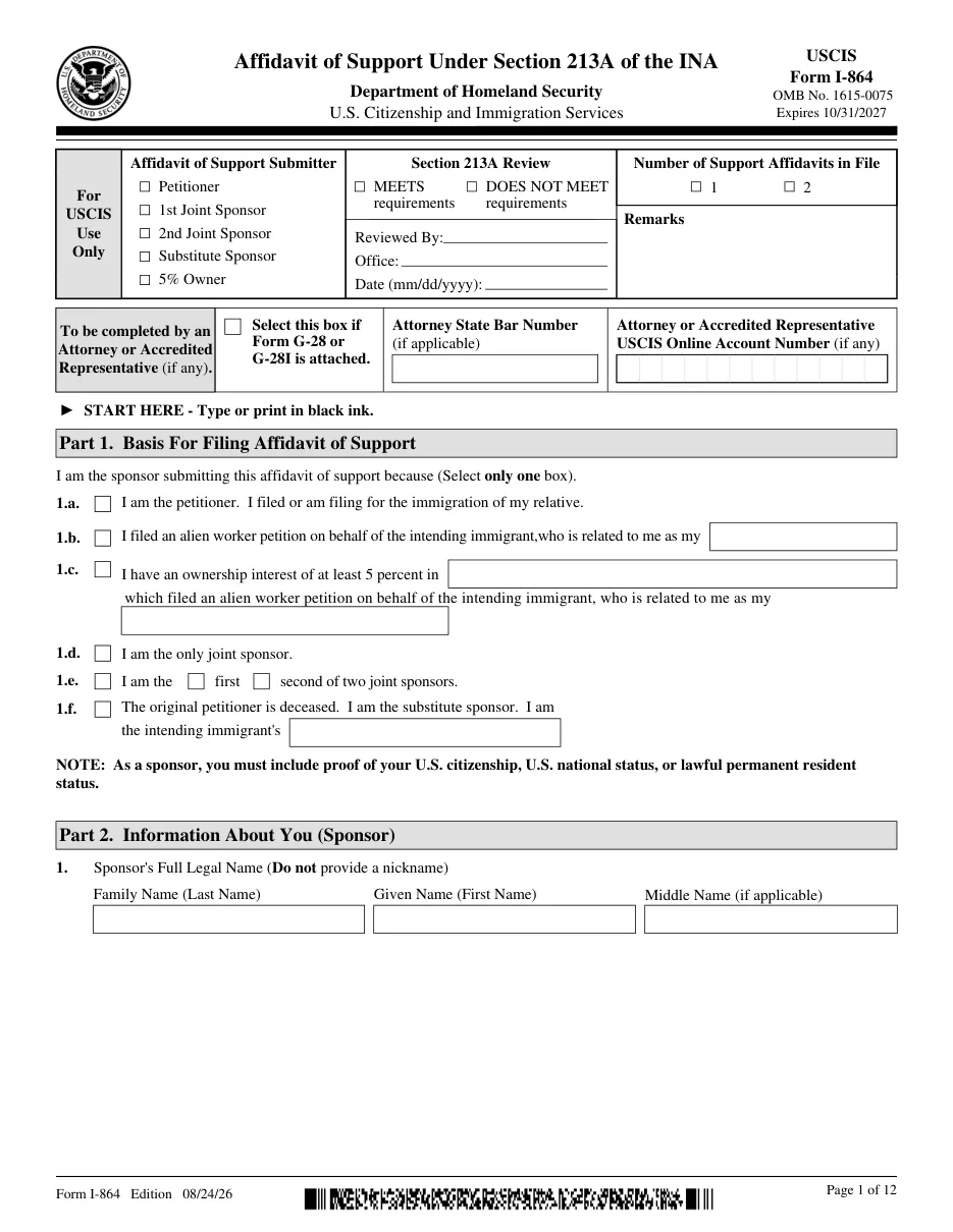 Form I-864: Affidavit of Support Under Section 213A of the INA - Page 1