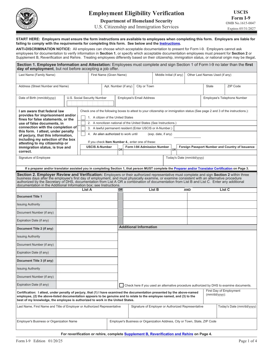 Form I-9: Employment Eligibility Verification