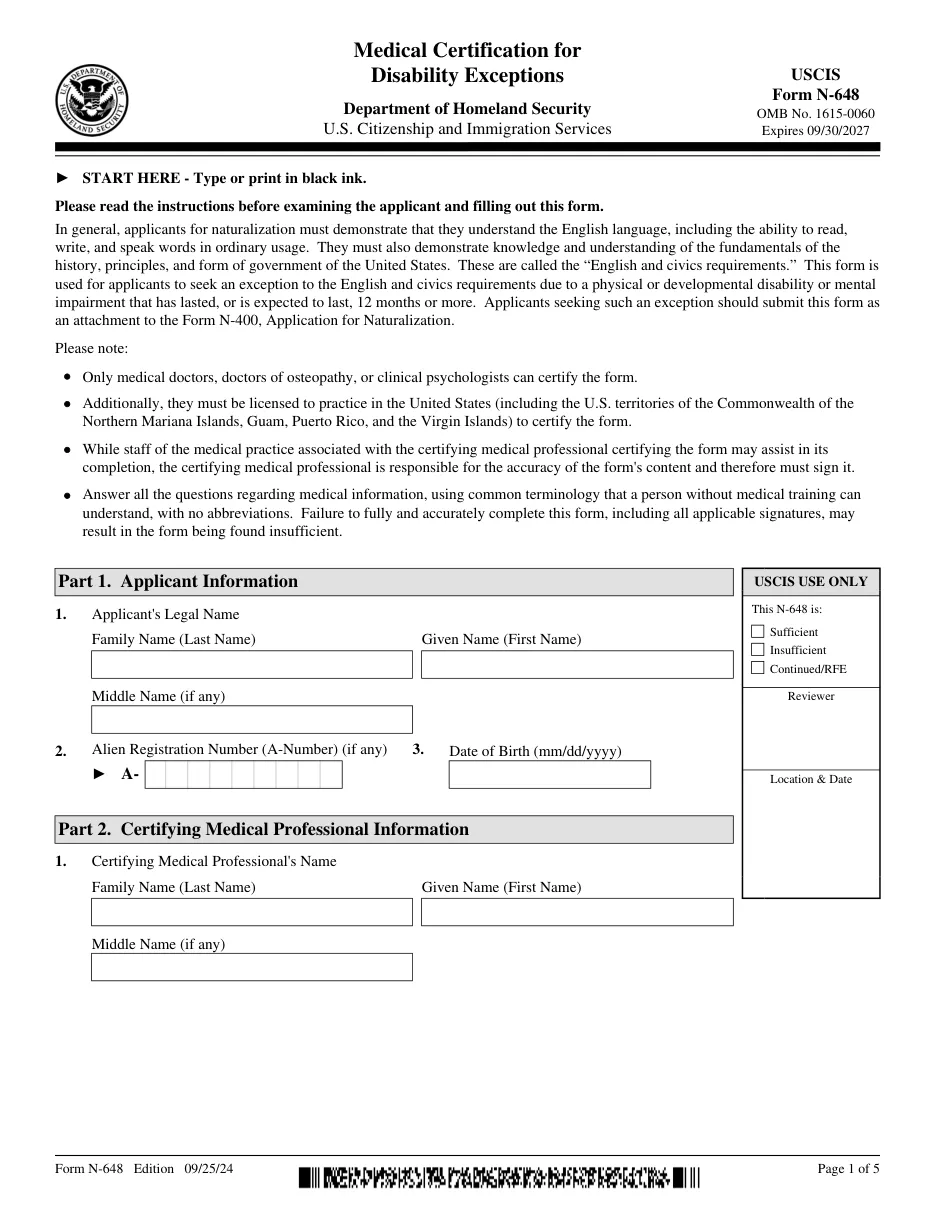 Form N-648: Medical Certification for Disability Exceptions - Page 1