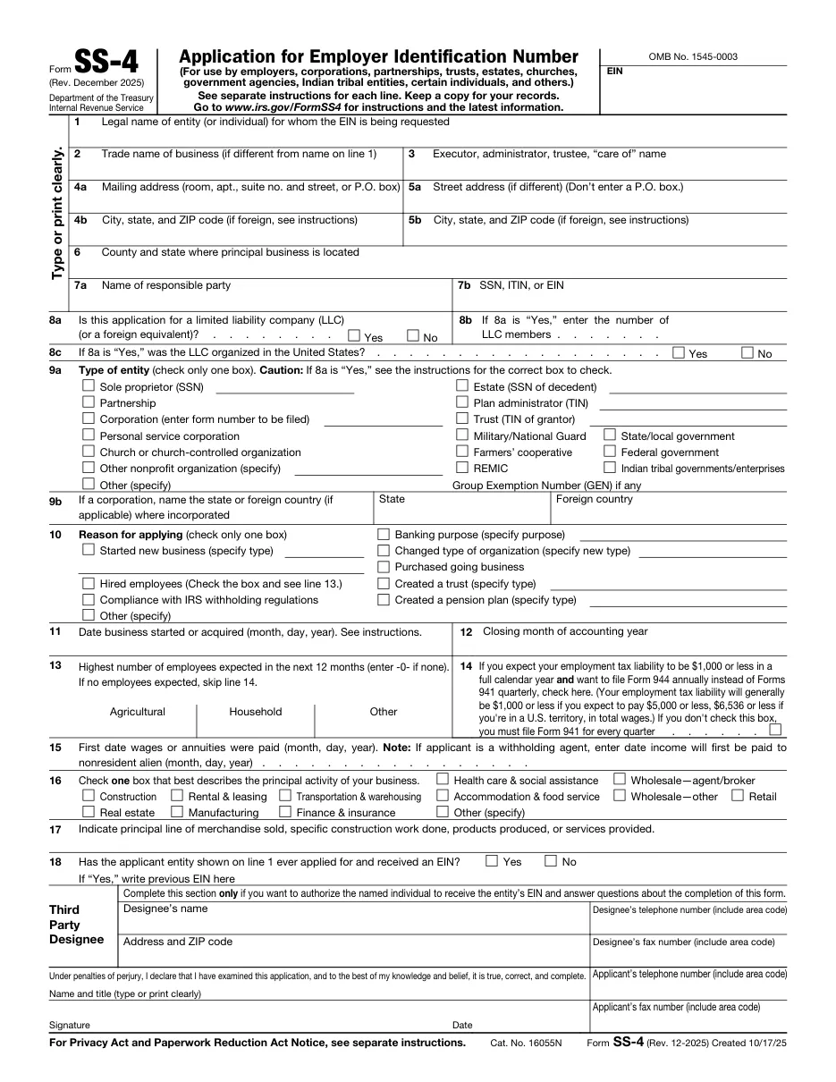 Form SS-4: Application for Employer Identification Number (EIN) - Page 1