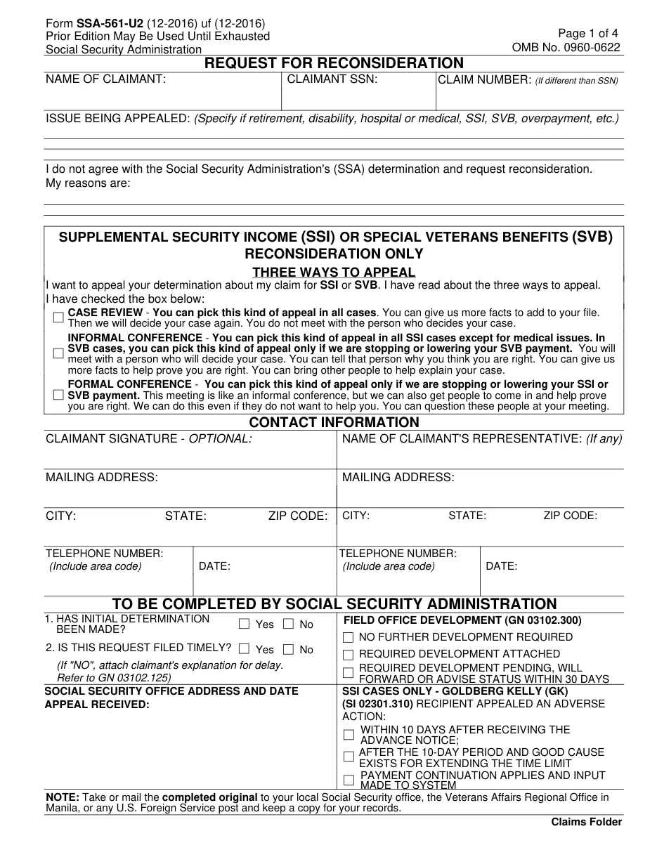 Form SSA-561: Request for Reconsideration - Page 1
