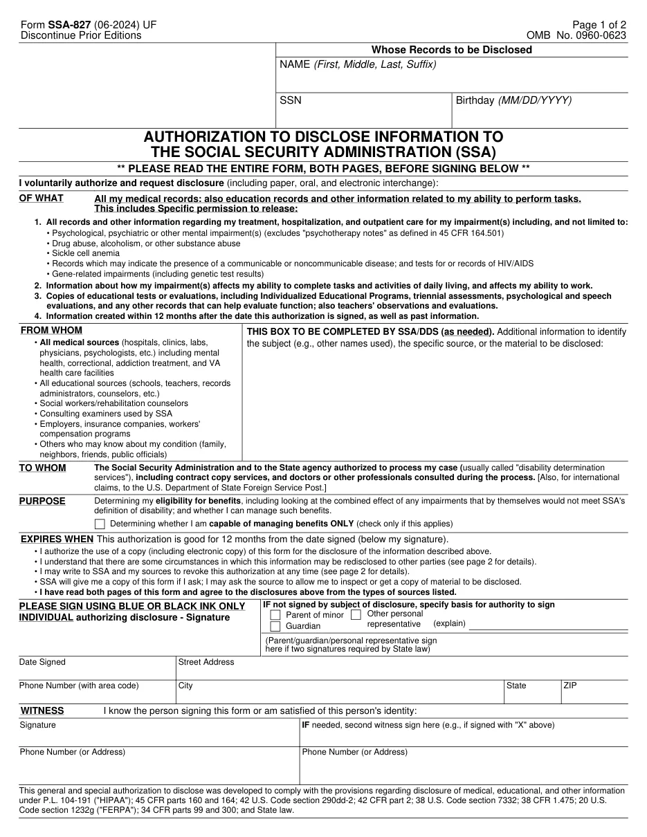 Form SSA-827: Authorization to Disclose Information to the Social Security Administration - Page 1