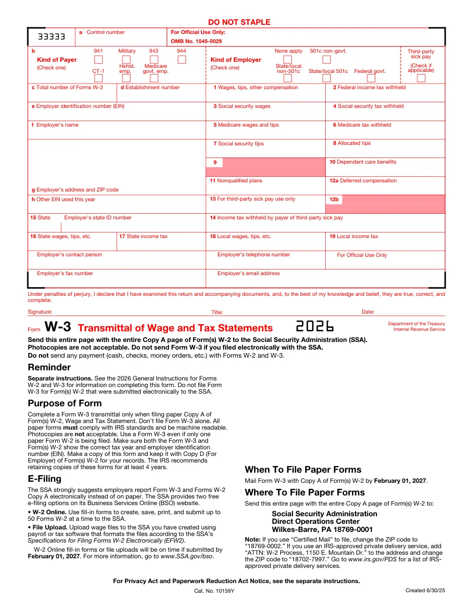 Form W-3: Transmittal of Wage and Tax Statements