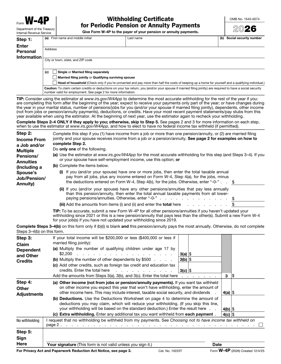 Form W-4P: Withholding Certificate for Periodic Pension or Annuity Payments