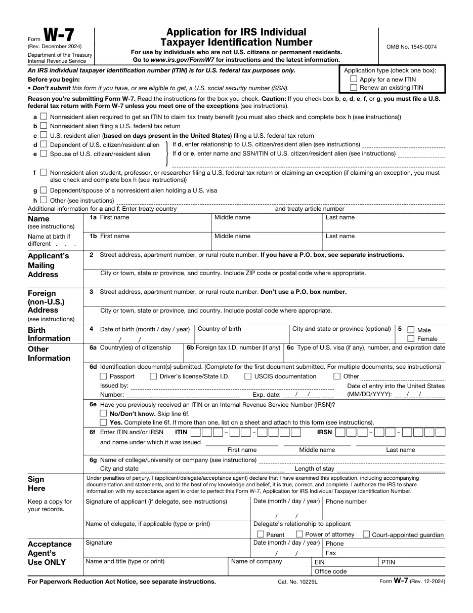 Form W-7: Application for IRS Individual Taxpayer Identification Number (ITIN) - Page 1