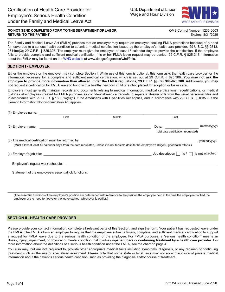 Form WH-380-E: Certification of Health Care Provider for Employee's Serious Health Condition