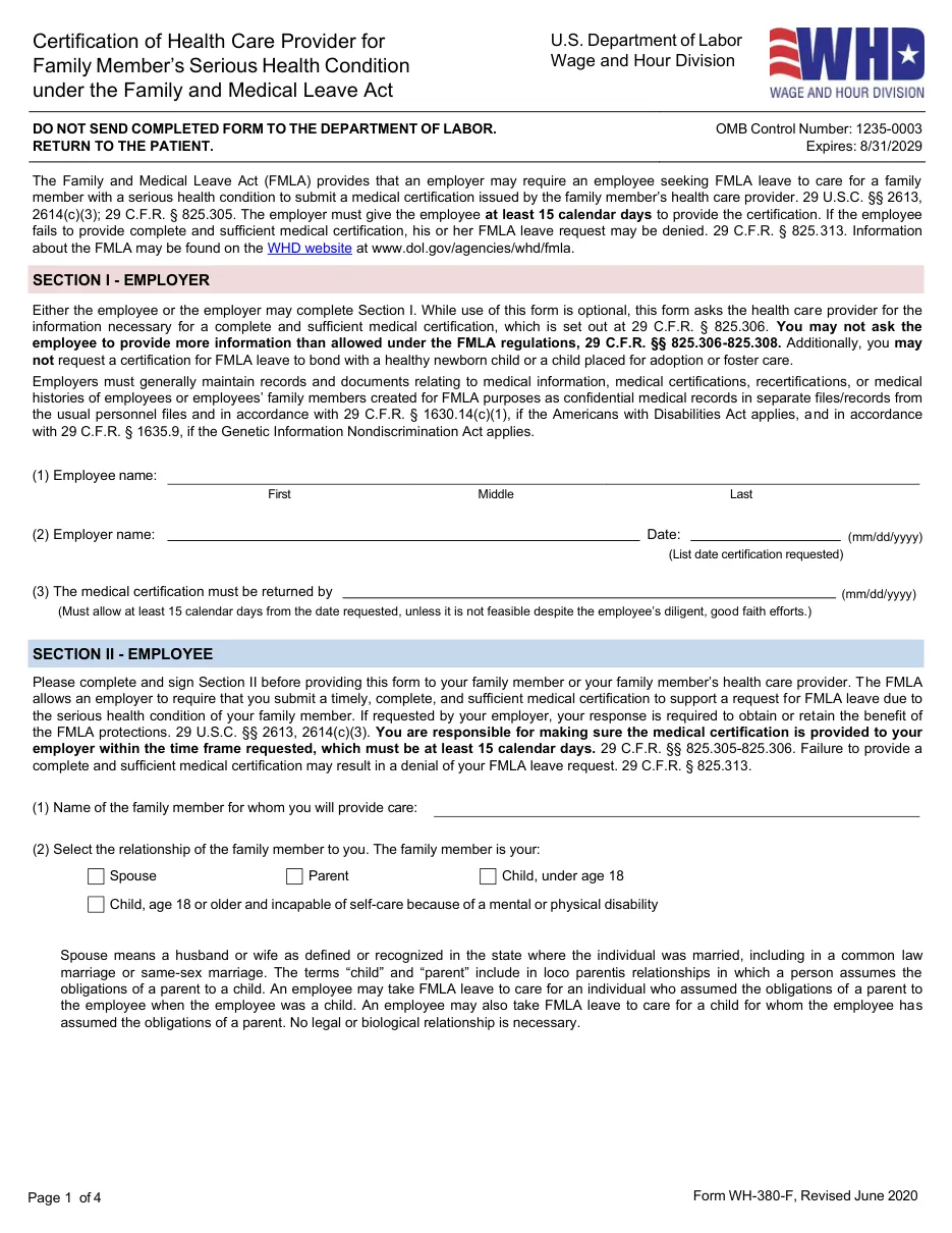 Form WH-380-F: Certification of Health Care Provider for Family Member's Serious Health Condition