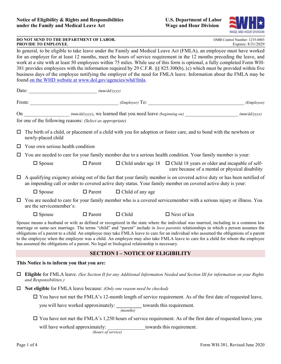 Form WH-381: Notice of Eligibility and Rights & Responsibilities (FMLA)