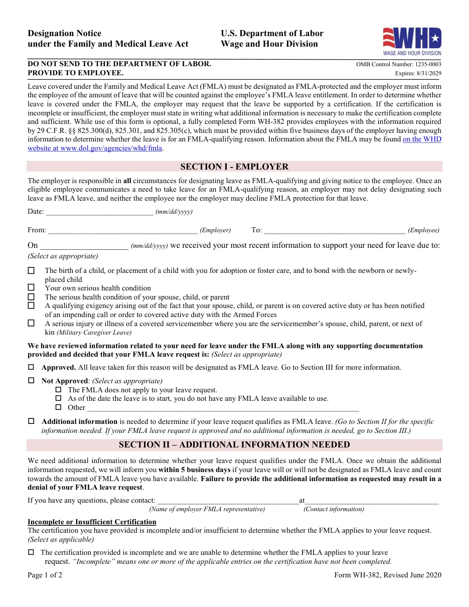 Form WH-382: Designation Notice (FMLA)
